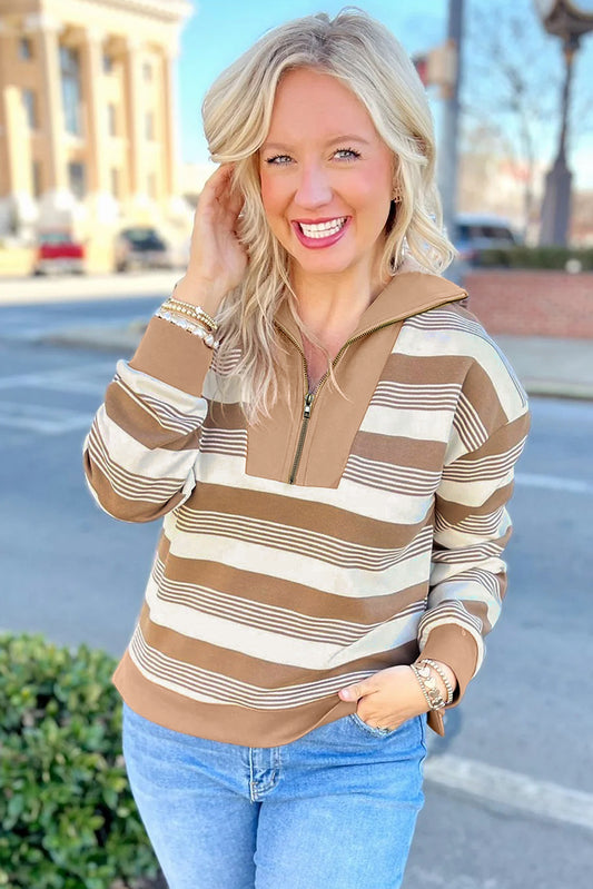 Khaki Striped Zipper Collar Pullover Sweatshirt 35a502956e8d3474