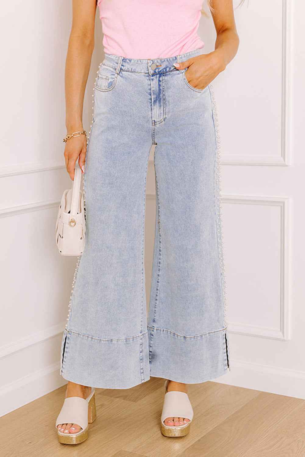 Beau Blue Mid Rise Pearl Embellished Split Wide Leg Jeans Beau Blue 65%Cotton+33%Polyester+2%Elastane 35a57f58b2dbda98