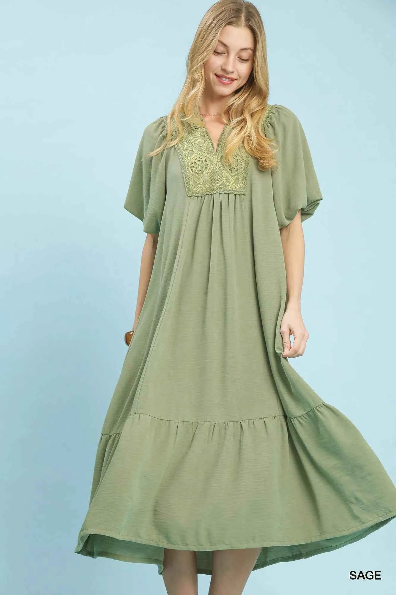 Umgee Puff Sleeve Midi Dress with Lace Detail SAGE 35b0769f-cea5-40a3-8297-2b309dab589e-Max-Origin
