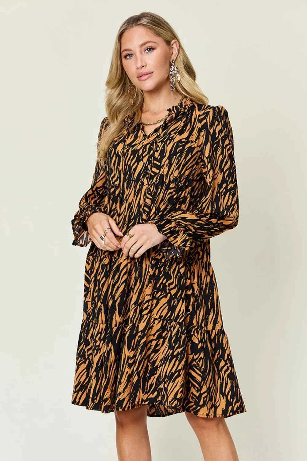 Double Take Full Size Printed Ruffle Hem Long Sleeve Dress Caramel 35b1d780-ab60-45e2-ab8c-a8bbfa229baa-Max