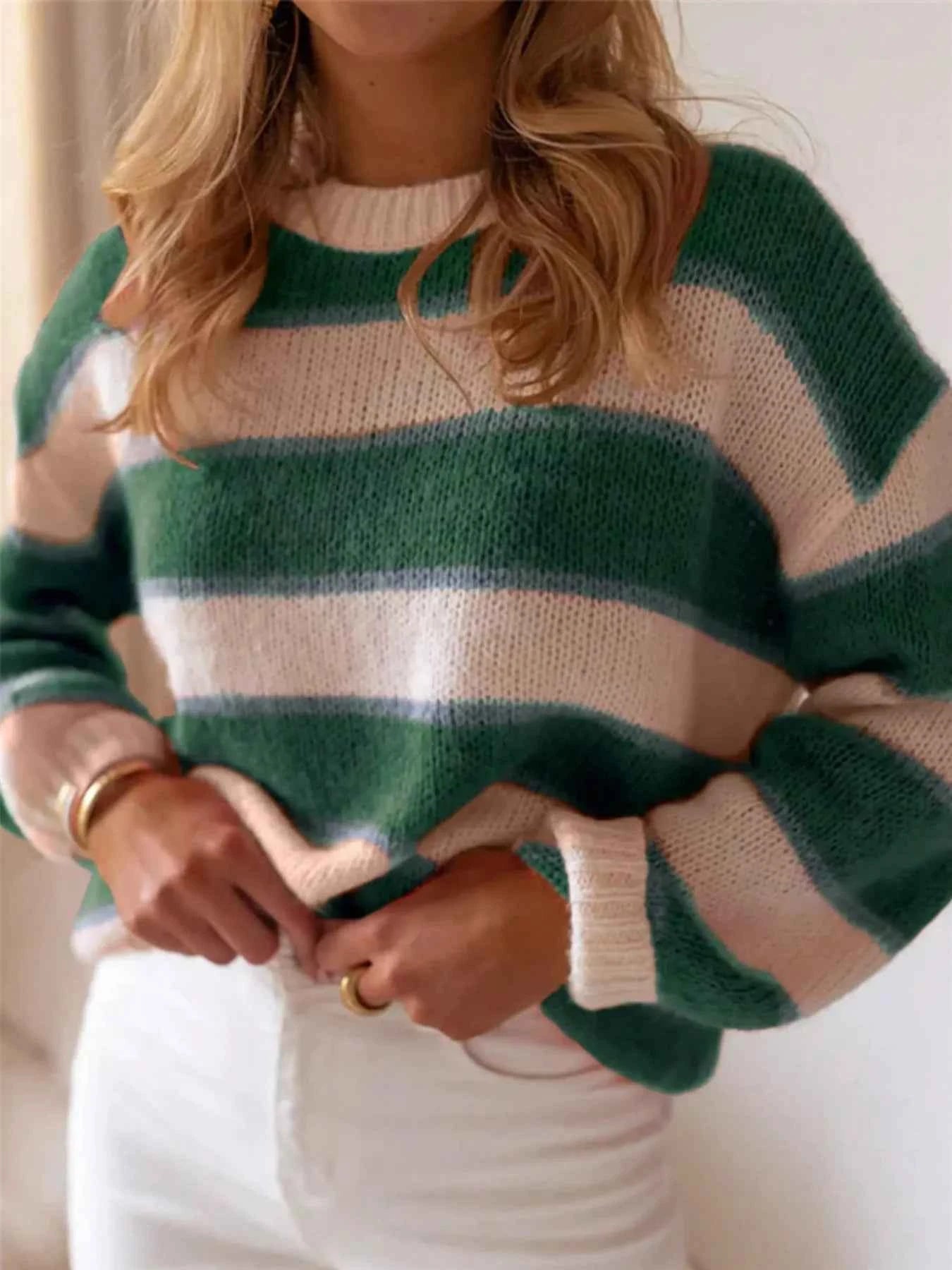Striped Round Neck Dropped Shoulder Sweater 35b2d582d0504dc28e40459fc8cb8553-Max-Origin