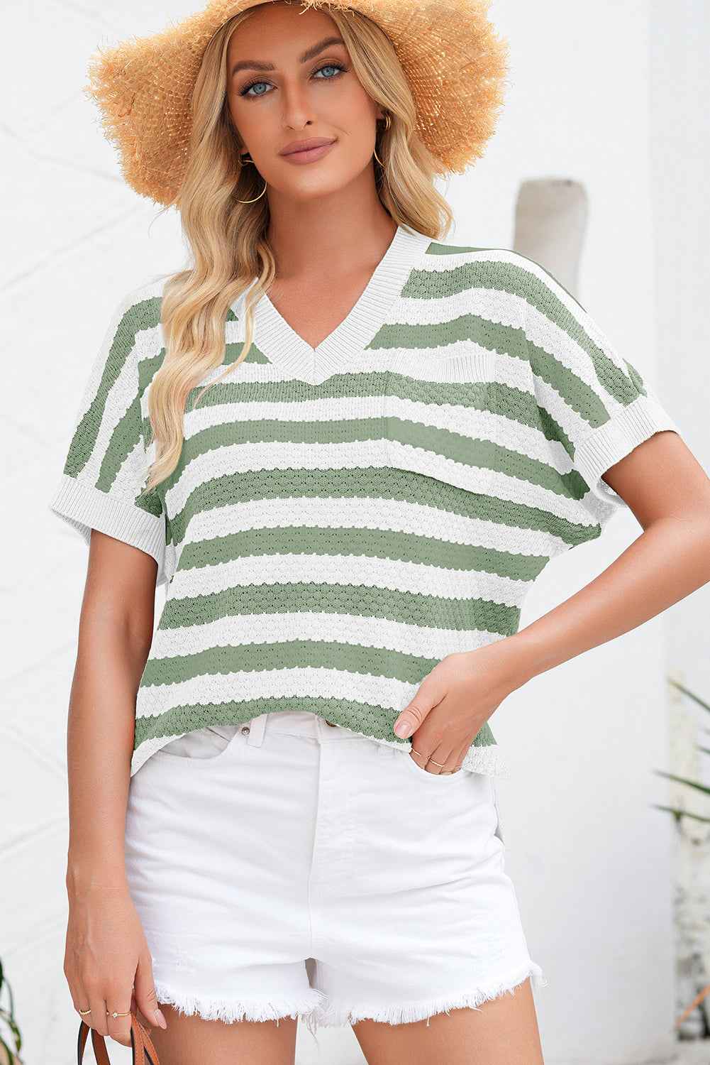 Green Stripe V Neck Short Sleeve Sweater with Side Slits 35b52f1b20c52a3c