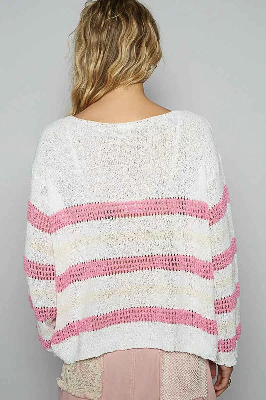 Striped Openwork Round Neck Knit Top 35bc4613-1a9c-4532-937b-421099799afe-Max-Origin