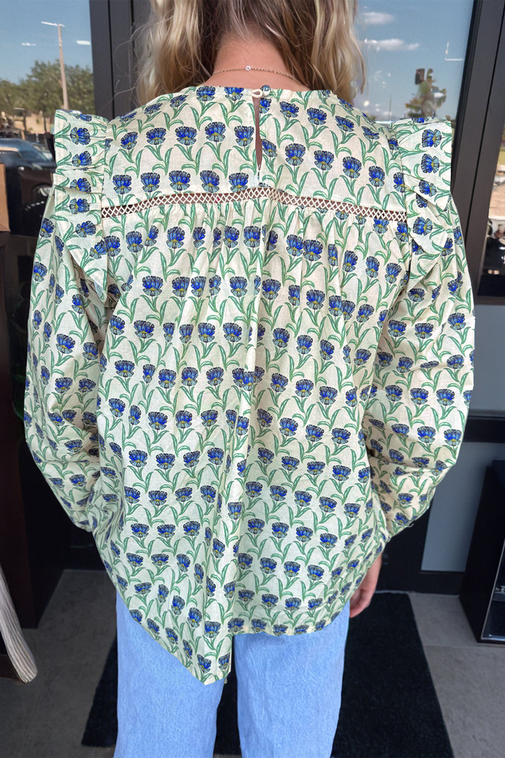 Green Floral Print Lace Detail Ruffle Trim Long Sleeve Blouse 35c14598449dad73