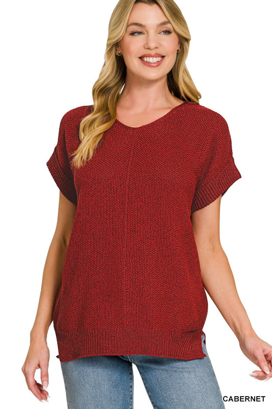 Center Seam Short Sleeve Sweater CABERNET 35c23a63be4d42188fba7401d6448469-Max