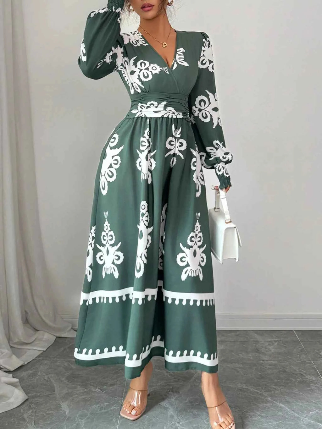 Printed Surplice Lantern Sleeve Dress Army Green 35c4112d-8b5b-42b9-86fb-9dd4c8616b63-Max-Origin