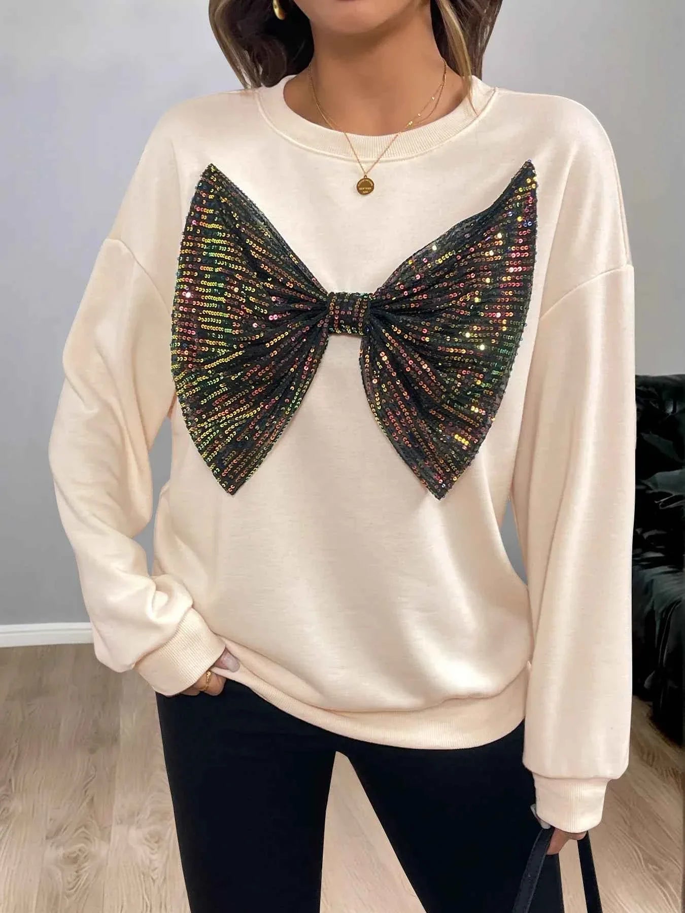 Sequined Bow Round Neck Sweatshirt 35c87eb52c8b4be89d16a0870f78c202-Max-Origin