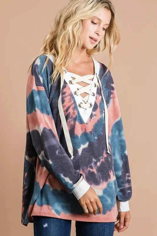 BiBi Tie Dye Deep V-Neck Top with Lace Up Front 35cfcf98-266e-4c1a-8477-8f3f645dc33c-Max-Origin