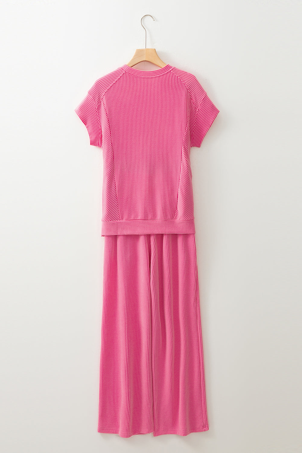 Wild Wind Solid Corded Short Sleeve T Shirt and Wide Leg Pants Set 35d9bb4de1b44b48