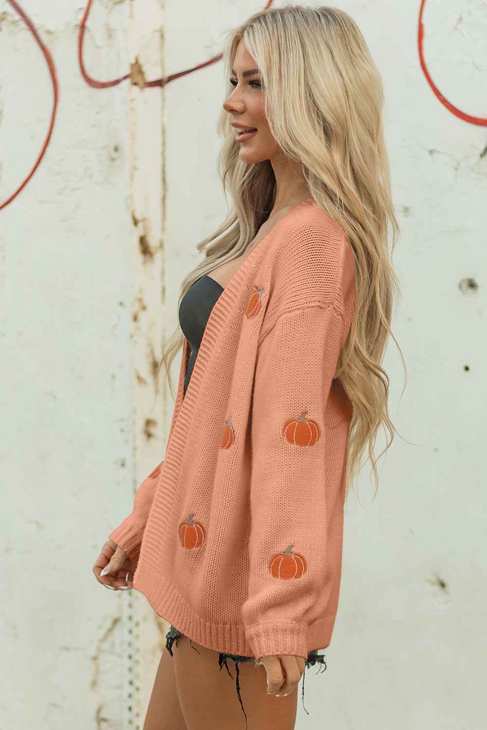Light Pink Christmas Tree Print Open Front Drop Shoulder Knit Cardigan 35da339bde0595c2