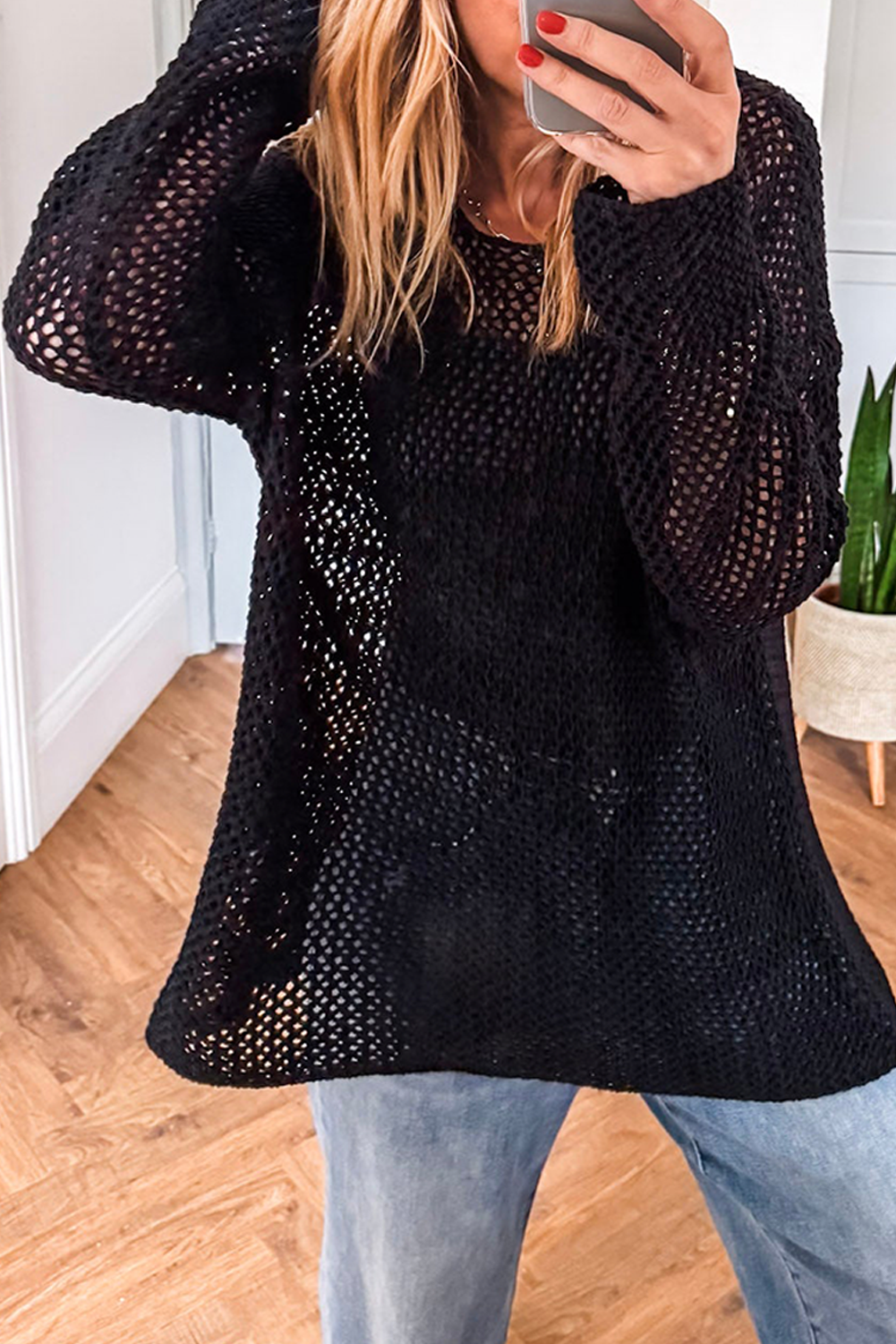 Coral Crochet Hollow-out Knit Sweater Black 100%Acrylic 35da70f834d8d27d