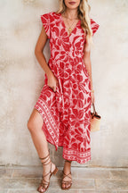 Red Boho Floral V-Neck Ruffle Shoulder Maxi Dress