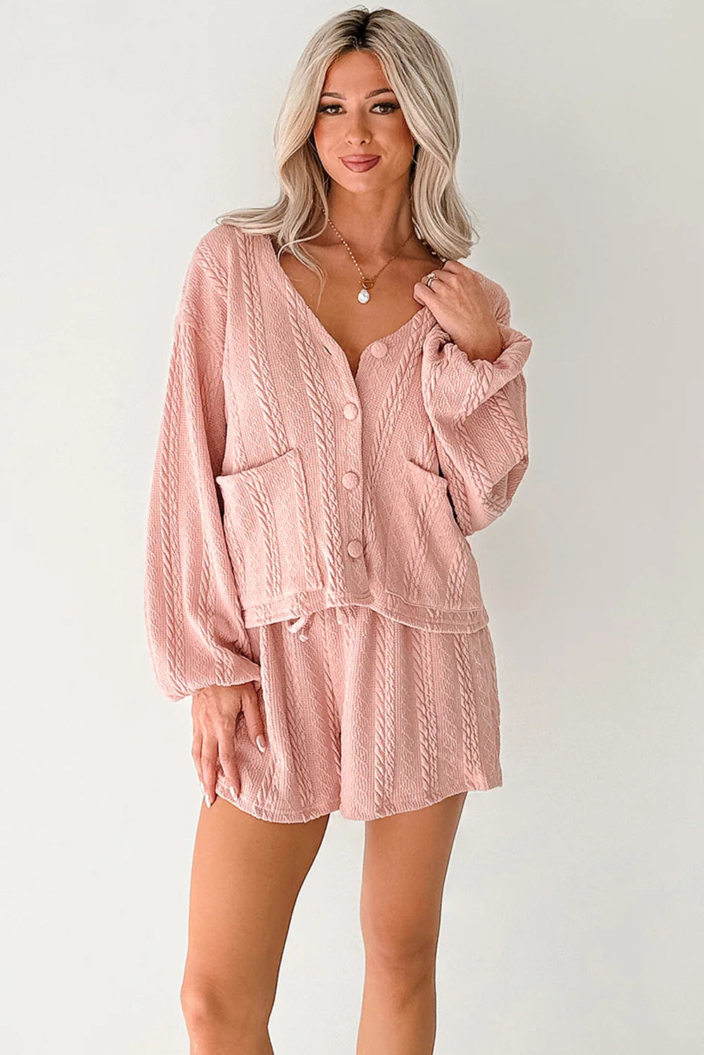 Gossamer Pink Cable Knit V Neck Cardigan Shorts Set 35ea9d936aa30708