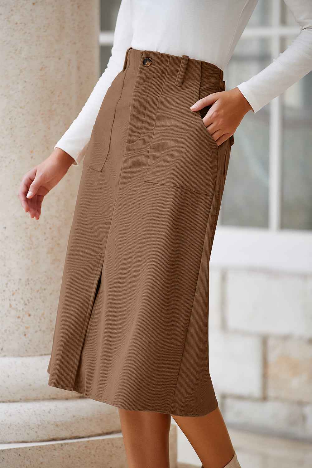 Black Front Slit Shift High Waist Midi Skirt 35f28637e8ad1555