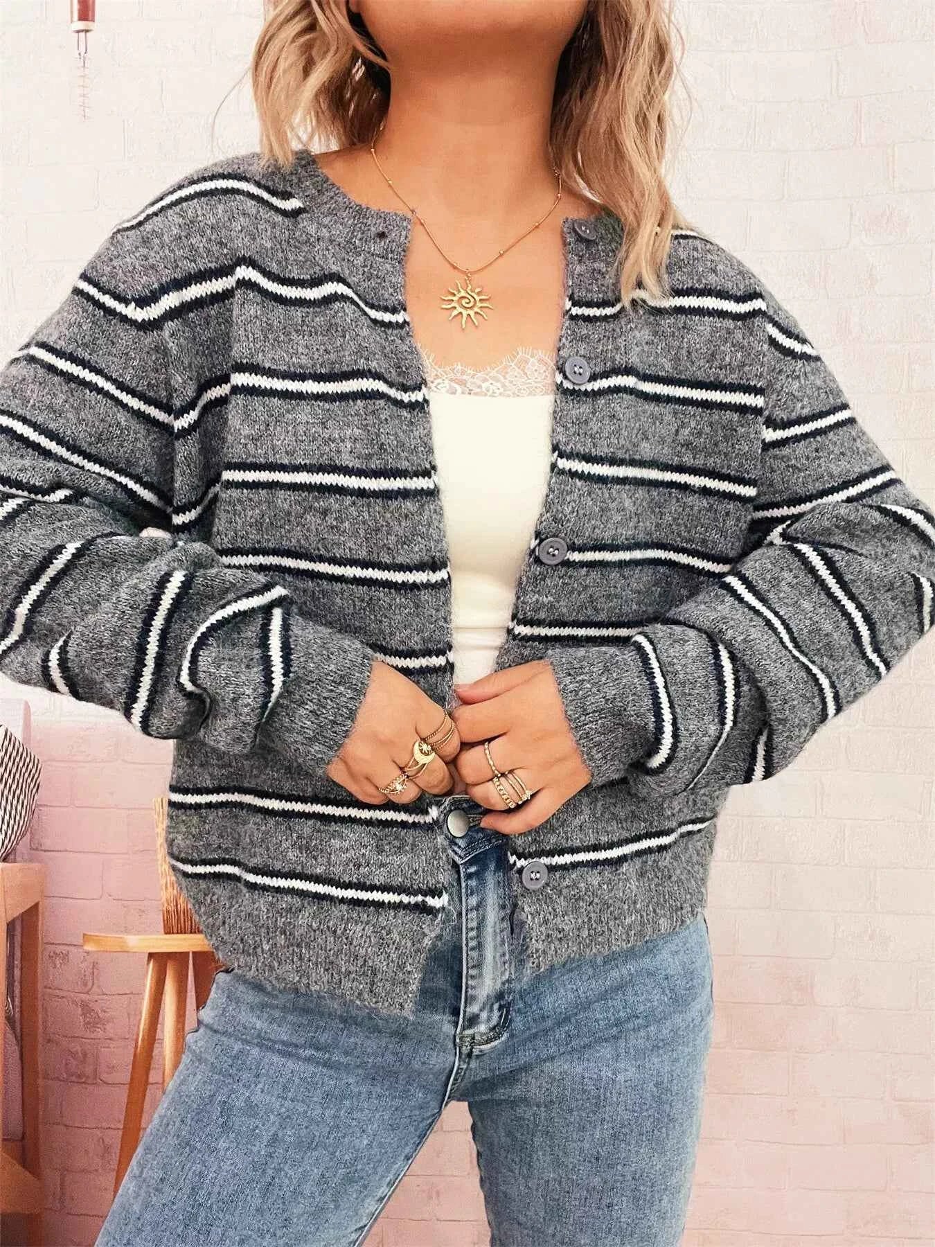 Striped Button-Up Long Sleeve Cardigan 35f524e6078c4baaa30faa2a88f0b336-Max-Origin