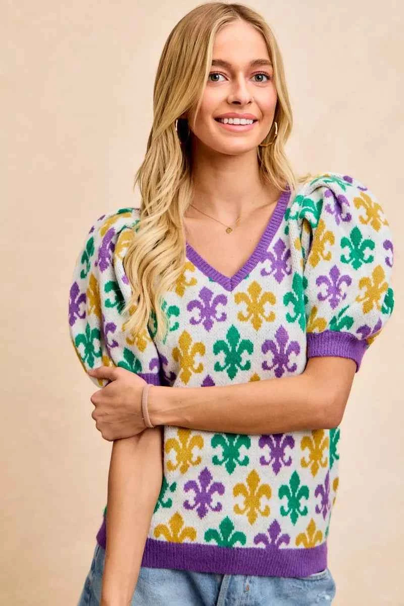 BiBi Mardi Gras Fleur De Lis Patterned V Neck Knit Top 35f8e28b1fa24a73a00eb7924263d6a0-Max-Origin