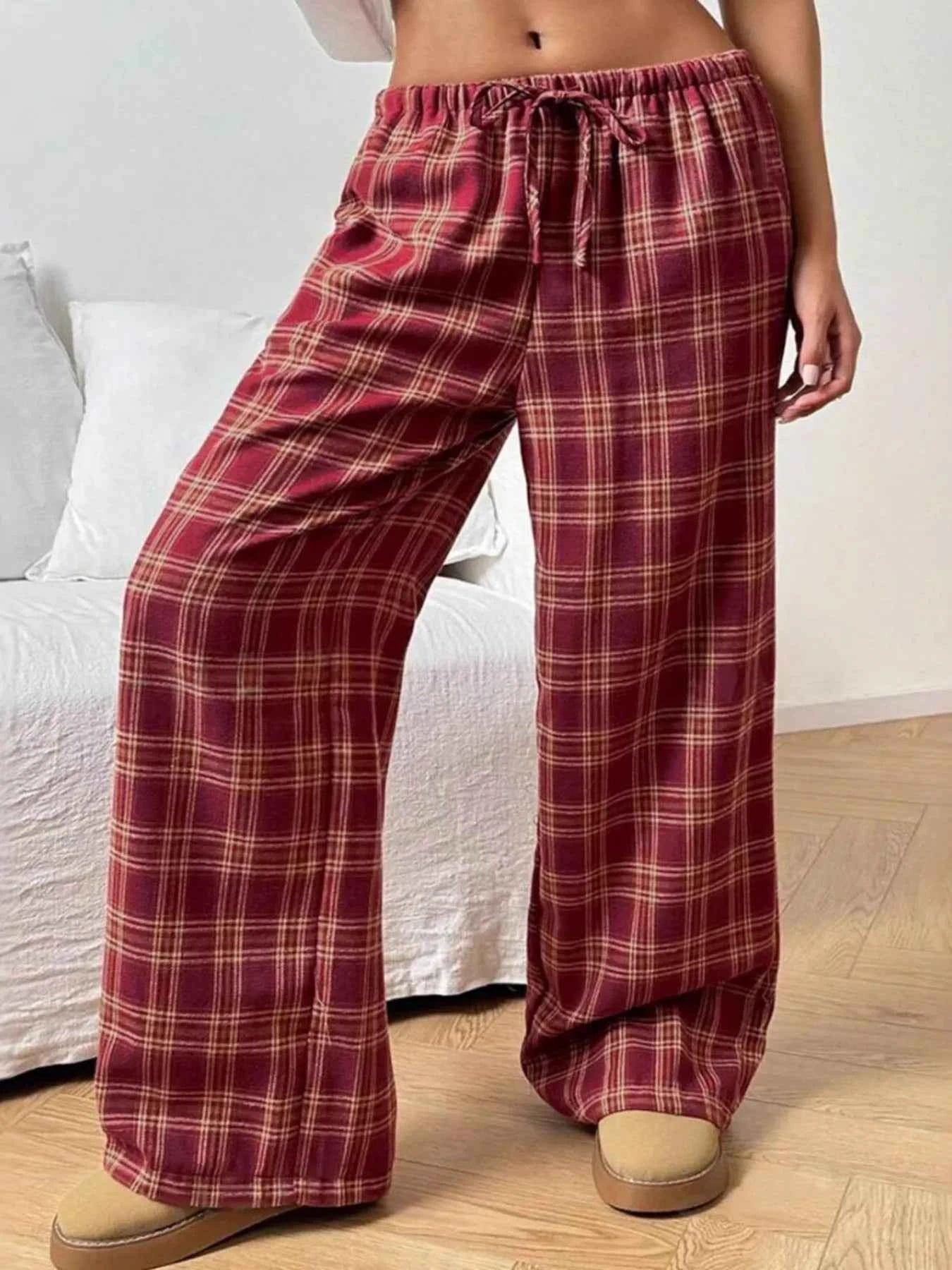 Plaid Wide Leg Drawstring Pants Red 35fd3eb228c54035843f740ccbb200ab-Max-Origin