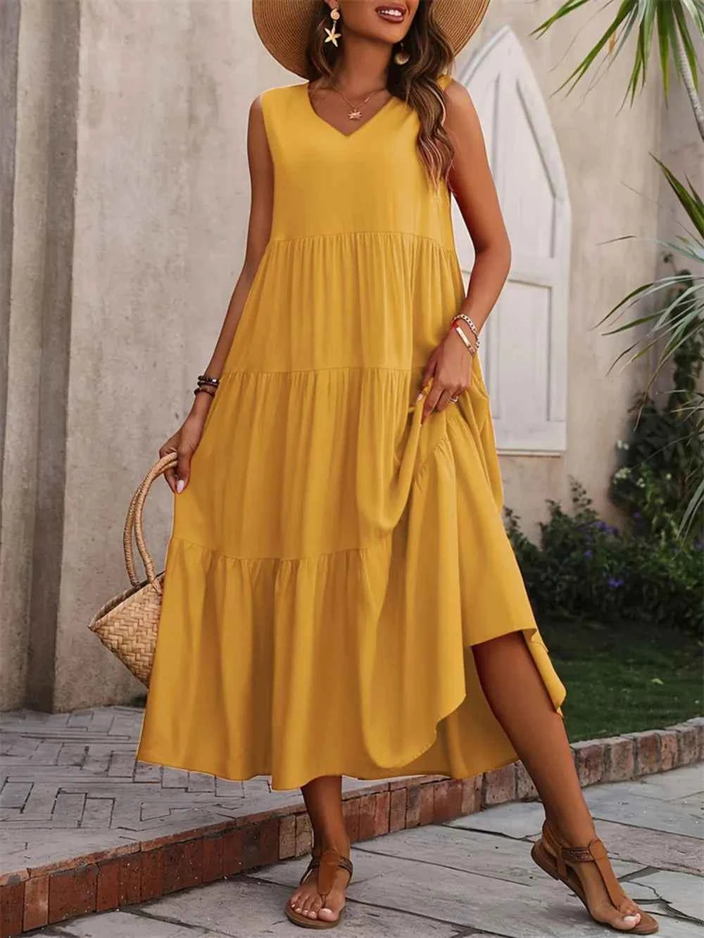 Tiered V-Neck Sleeveless Dress 3609cf27-1d23-44b4-88db-08bfb1ecb25f-Max