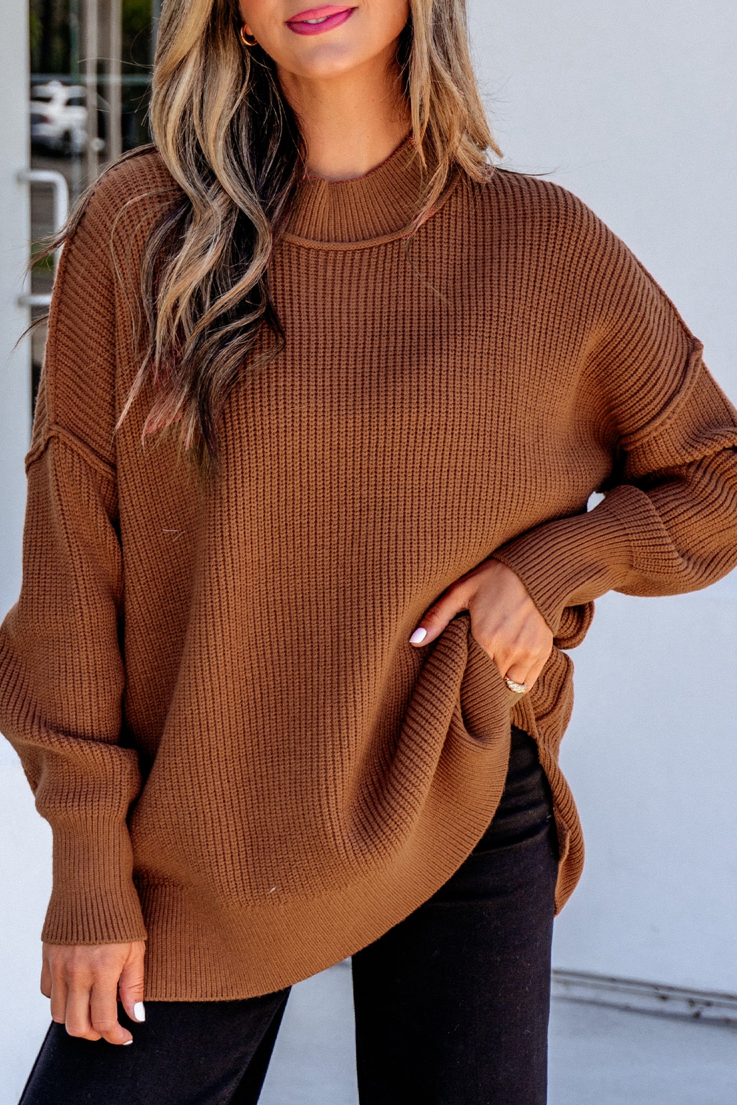 Chestnut Long Sleeve Ribbed Knit Stand Neck Regular Fit Sweater 360a28269d852ff9