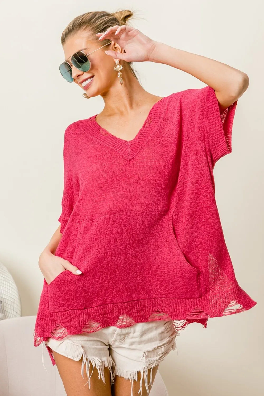 BiBi Distressed Hem V-Neck Slit Sweater Fuchsia 360eb1c7-3394-4cc2-9e17-35a7ac70d1de-Max