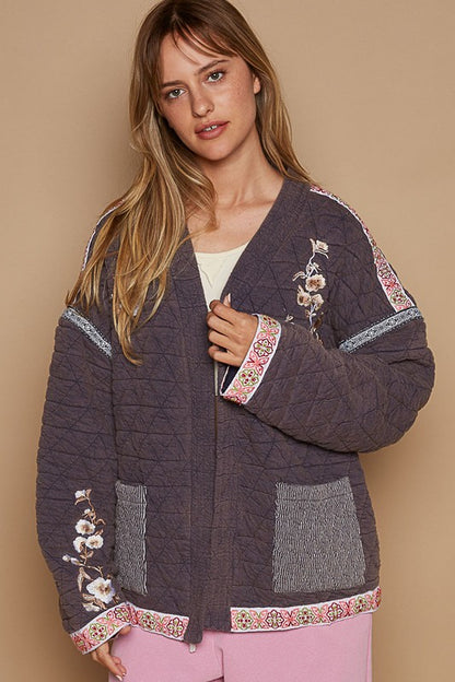 POL Embroidered Open Front Long Sleeve Jacket