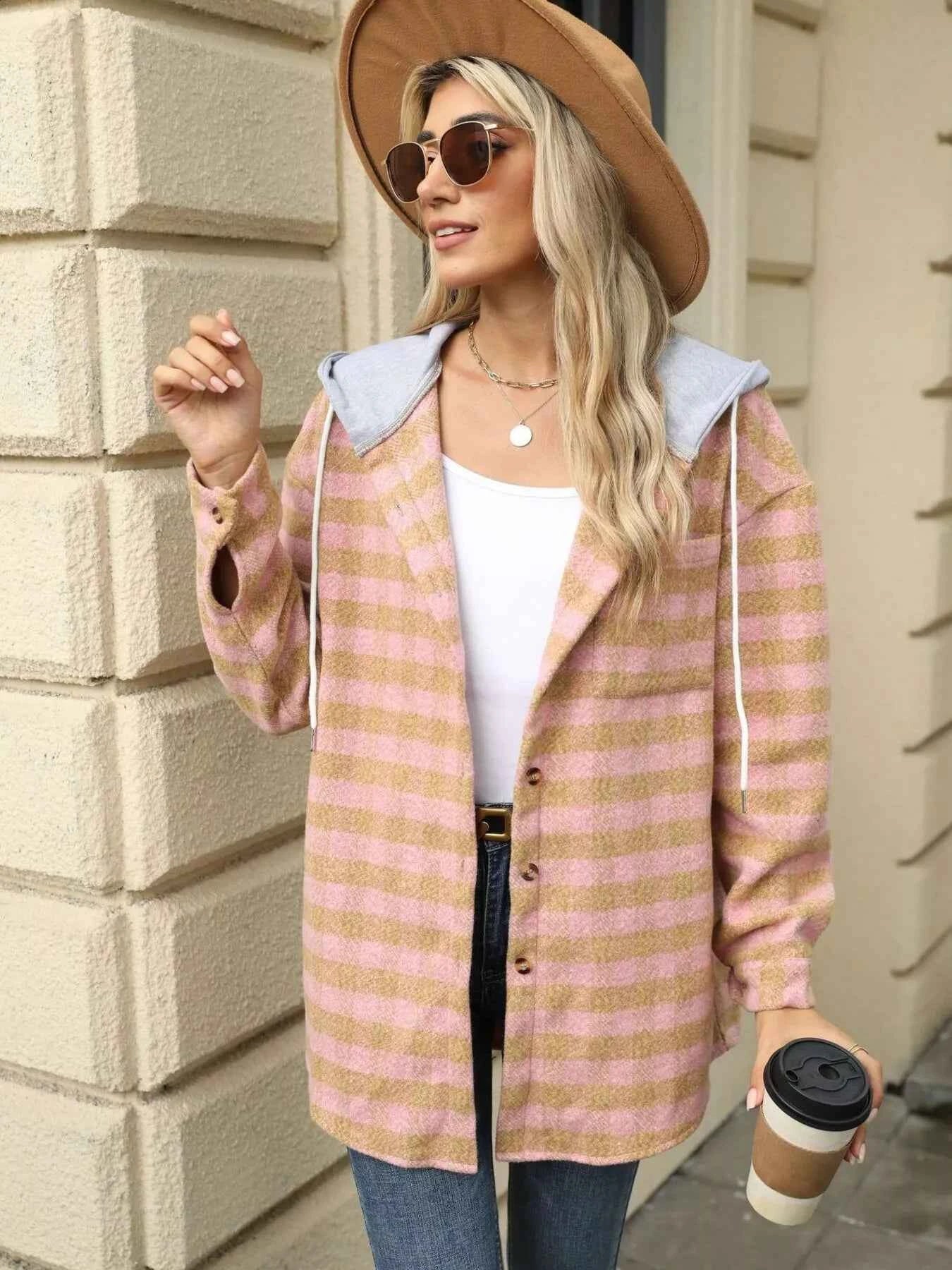 Plaid Button Up Long Sleeve Drawstring Hooded Jacket 360eef3b07ec41a99301cbdab02d98e1-Max-Origin