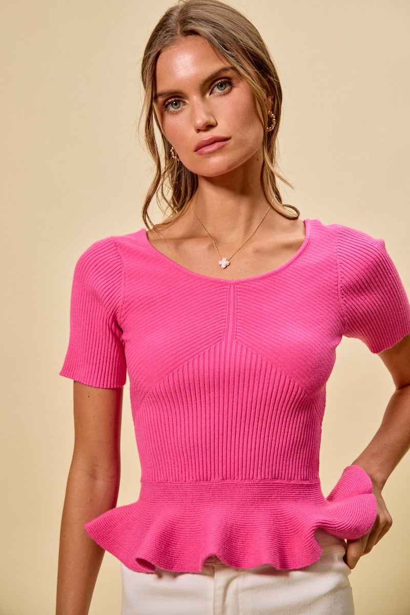SO ME Ribbed Knit Short Sleeves Peplum Sweater Top 361315efd64249a2b61e610f2629a5d3-Max