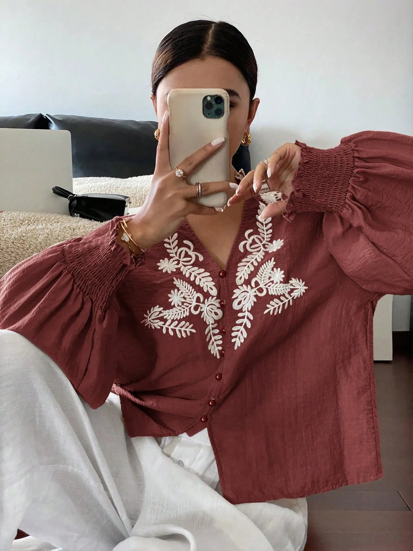 Embroidered Lantern Sleeve Blouse 36136324-ed48-4b1b-8cd3-8a85af7d336e-Max-Origin