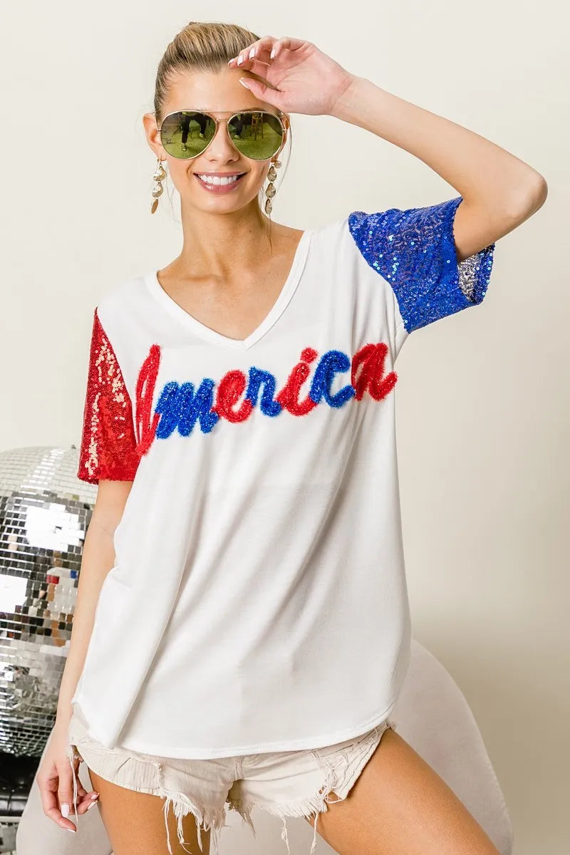 BiBi Metallic Letter V-neck Sequin Sleeves Top 361bd8b1255c49378bedcd985460c33b-Max-Origin