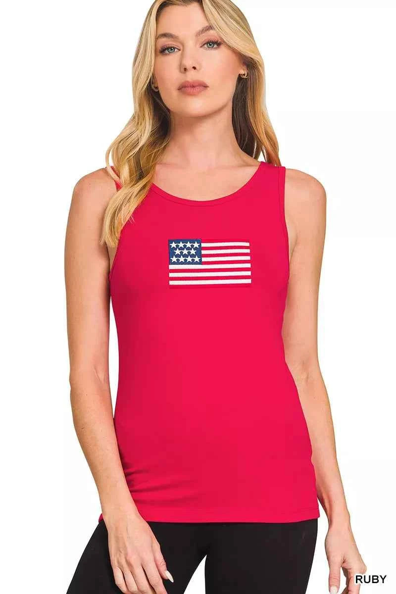 Zenana Double Scoop American Flag Embroidered Tank Top RUBY 3621e366a227410eb406ee7263abec74-Max-Origin