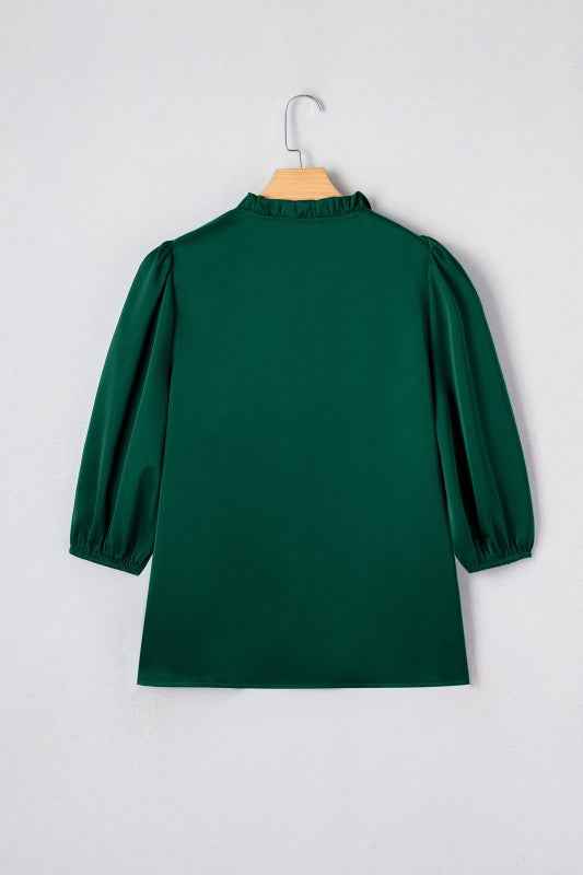 Solid Frilled Bow Tie V-Neck 3/4 Sleeve Blouse 362368fd-466b-4e0c-a822-afb08f63b05d