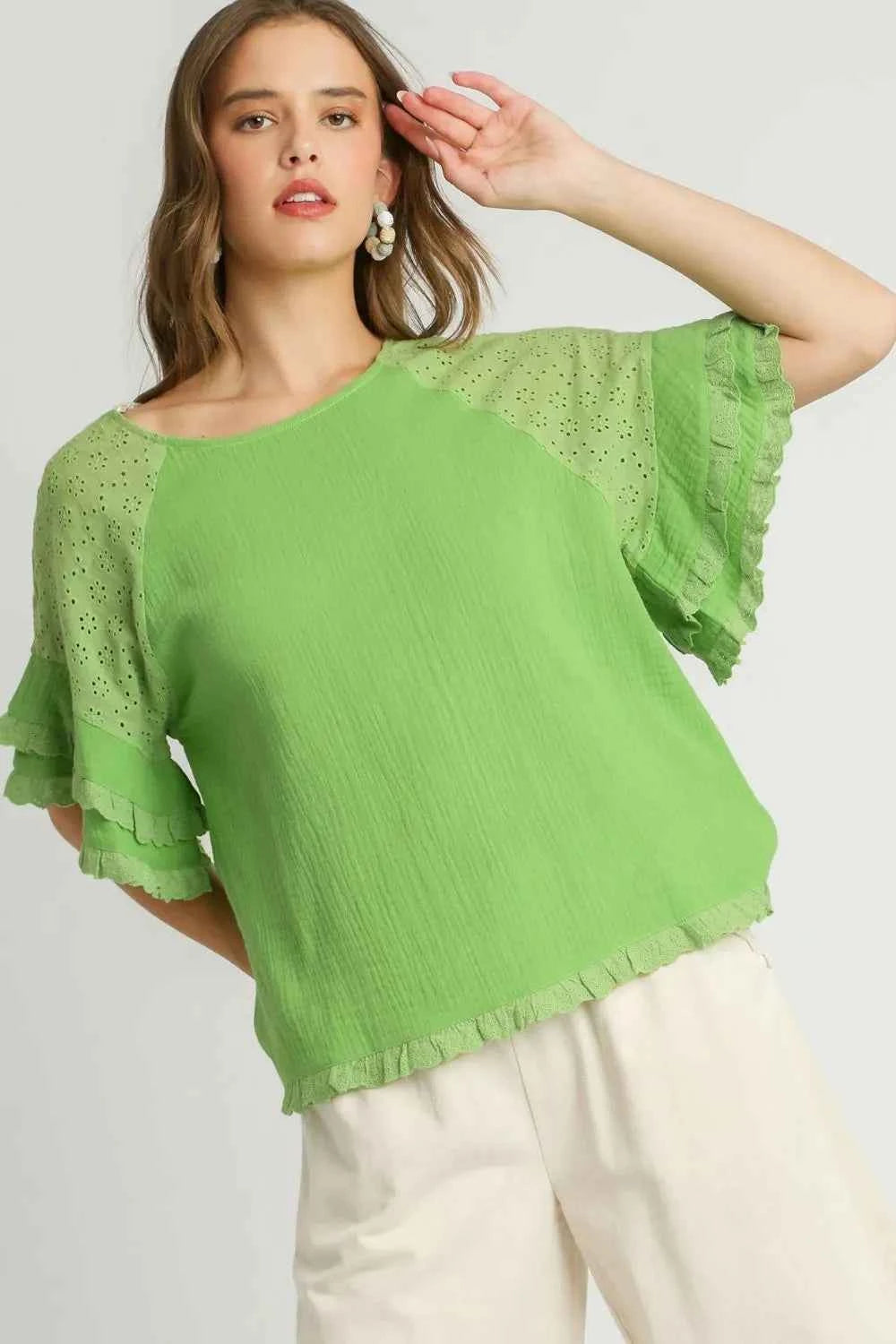 Umgee Full Size Cotton Gauze Round Neck Ruffle Eyelet Layered Sleeve Blouse Plus Size Lime 362a1387-6542-4702-938a-663213444359-Max