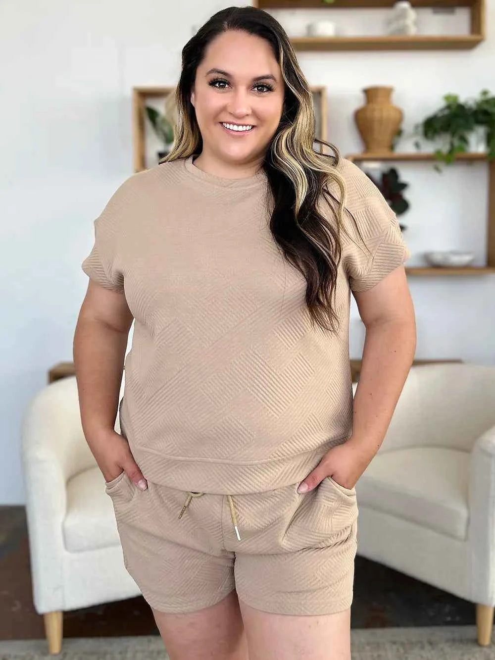 Double Take Full Size Texture Short Sleeve T-Shirt and Drawstring Shorts Set 362a6bd9-915c-4f02-84d3-163f77f404aa-Max