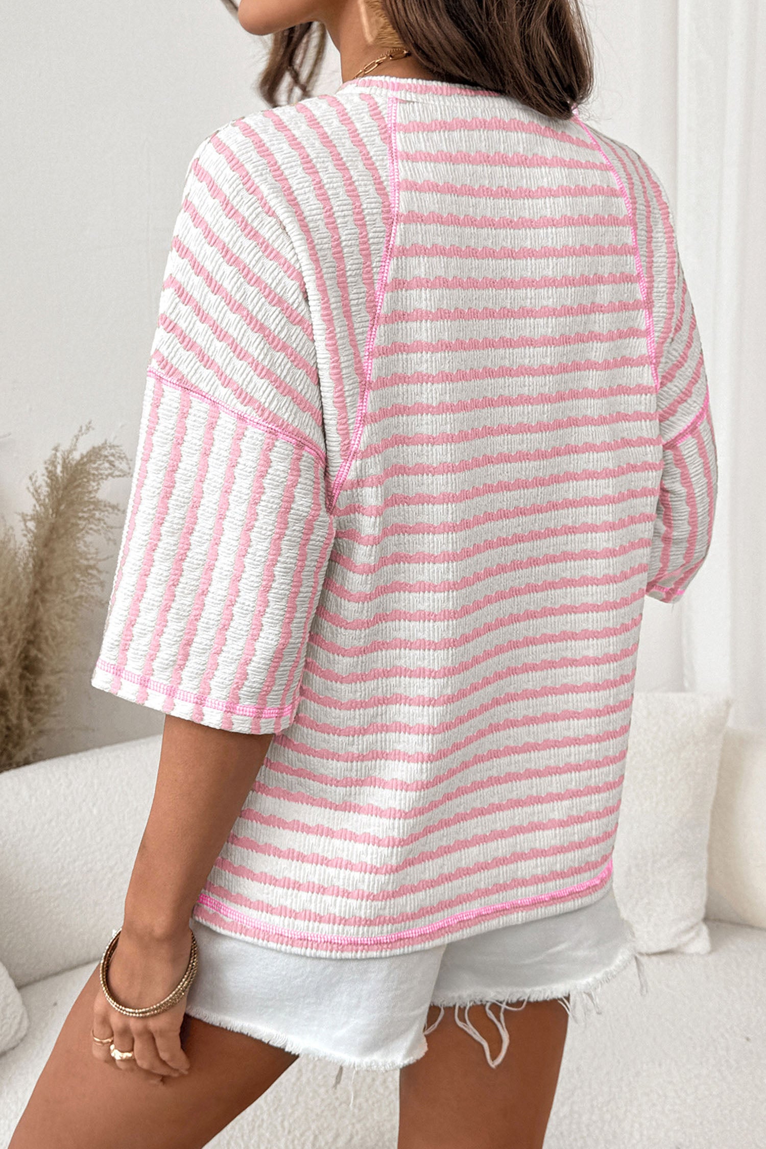 Apricot Stripe Textured Knit Split Hem Half Sleeve Loose Top 362a9a54bdad5656