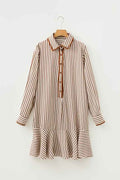 Stripe Embroidered Trim Ruffle Hem Collared Dress Khaki Stripe 362da8a1-ec4d-44b2-a353-51a8d89e721d