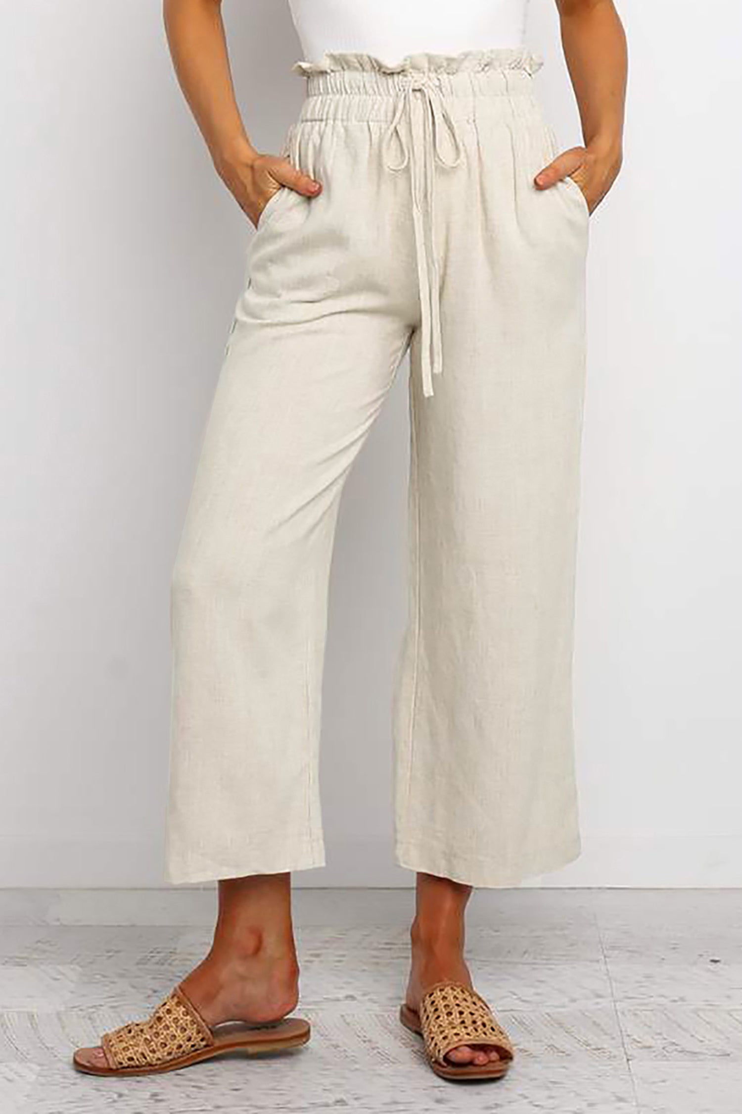 Khaki Paperbag Waist Straight Leg Cropped Pants Khaki 100%Polyester 362f3f11d568a50a
