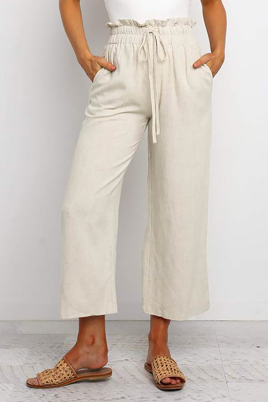 Khaki Paperbag Waist Straight Leg Cropped Pants Khaki 100%Polyester 362f3f11d568a50a