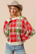 SO ME Christmas Color Checkered Plaid Crew Neck Sweater IVORY COMBO 36402005cd9345668ff83f4ed31f4ff5-Max-Origin