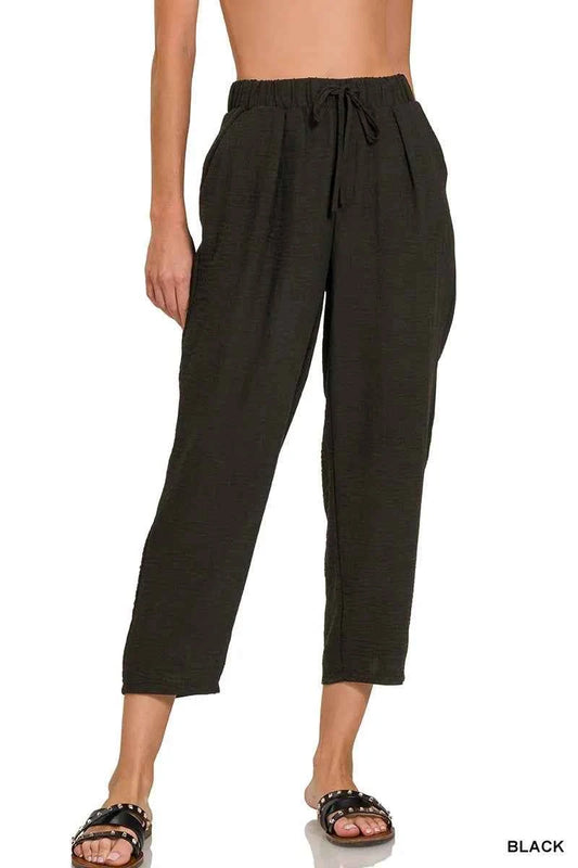 Zenana Woven Crepe Elastic Band Waist Pants 3641342376e74ad7a4cdd8fd6bd6f8a8-Max-Origin