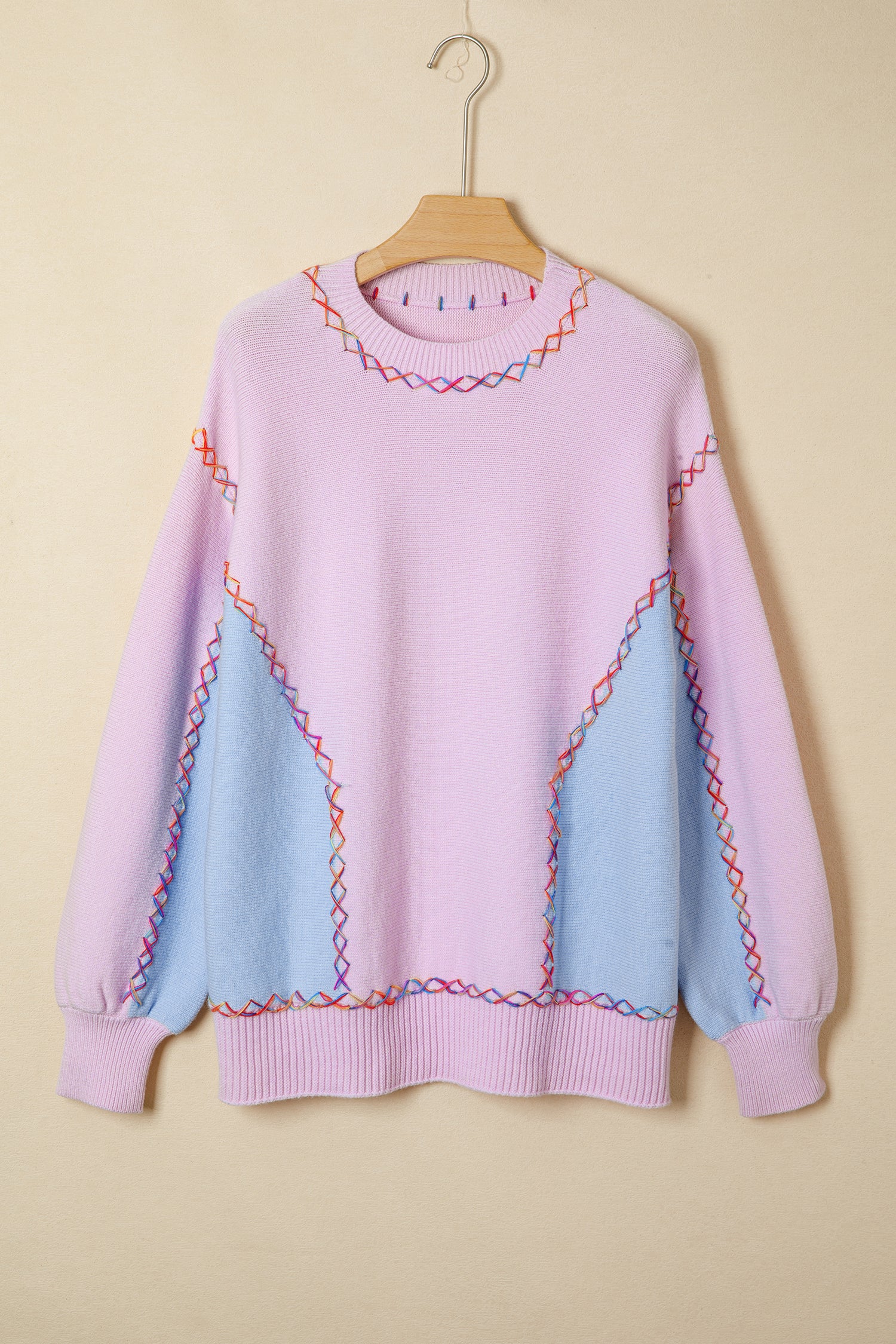 Orchid Bouquet Rainbow Stitching Balloon Sleeve Relaxed Sweater 3641ada036694006