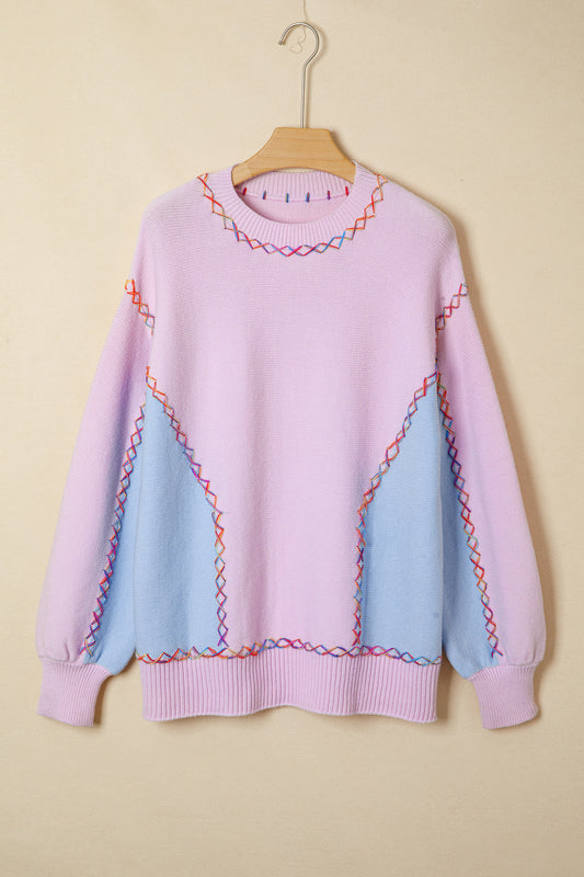 Orchid Bouquet Rainbow Stitching Balloon Sleeve Relaxed Sweater 3641ada036694006