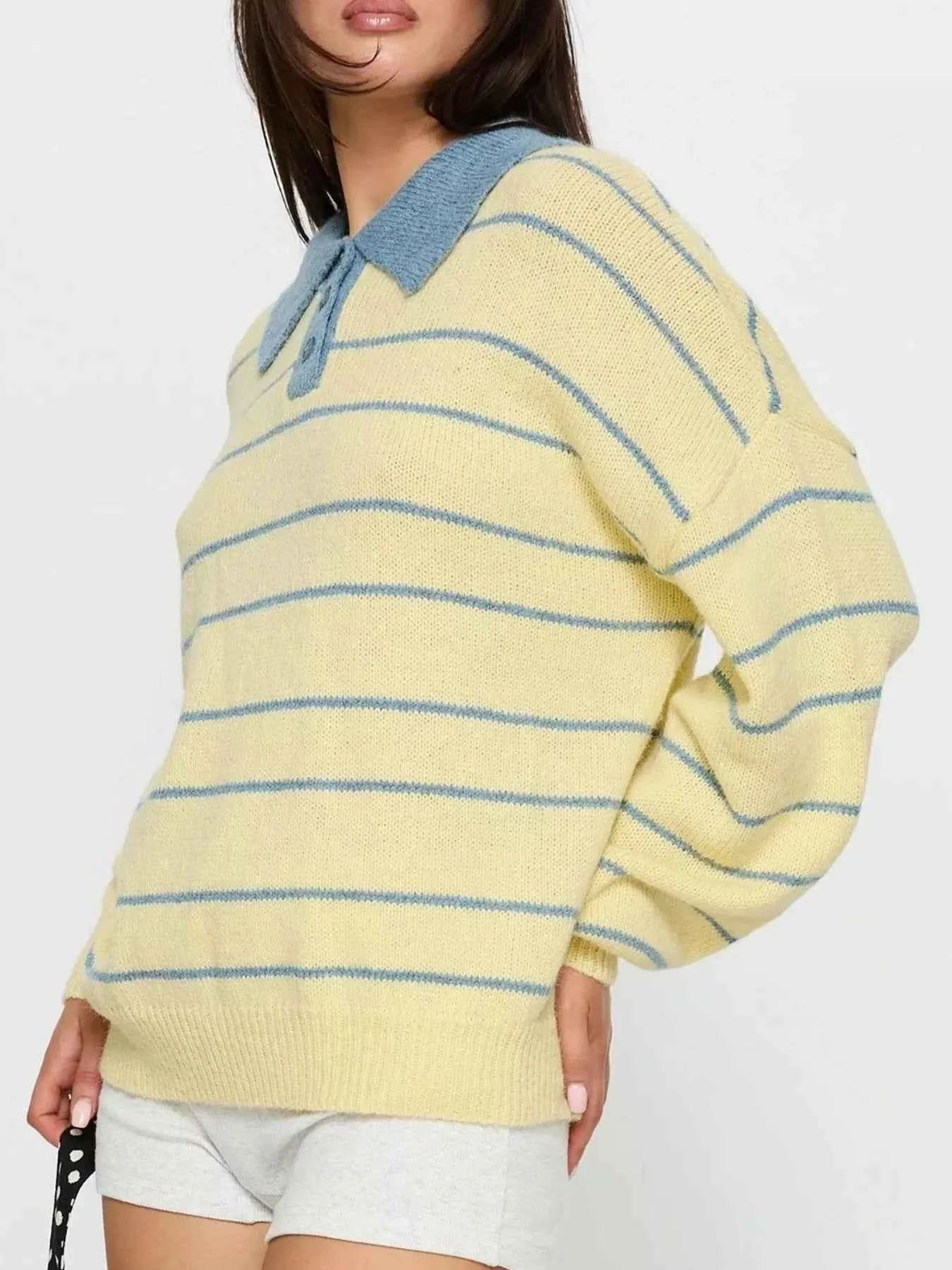 Striped Polo Collar Long Sleeve Sweater 36439a33-05f8-4a5e-8f46-cbbd58d03144-Max-Origin