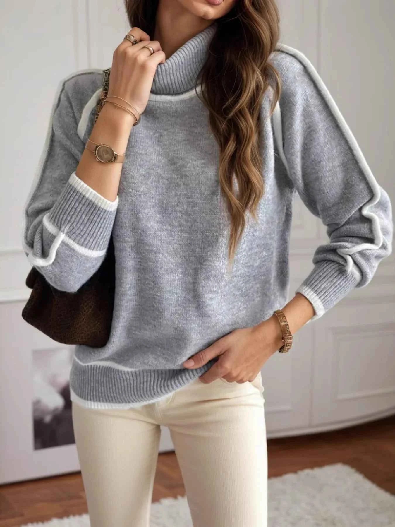Turtleneck Contrast Trim Sweater with Ribbed Details 3645ddbd17834e1abdf5bd9c967c5f2c-Max-Origin