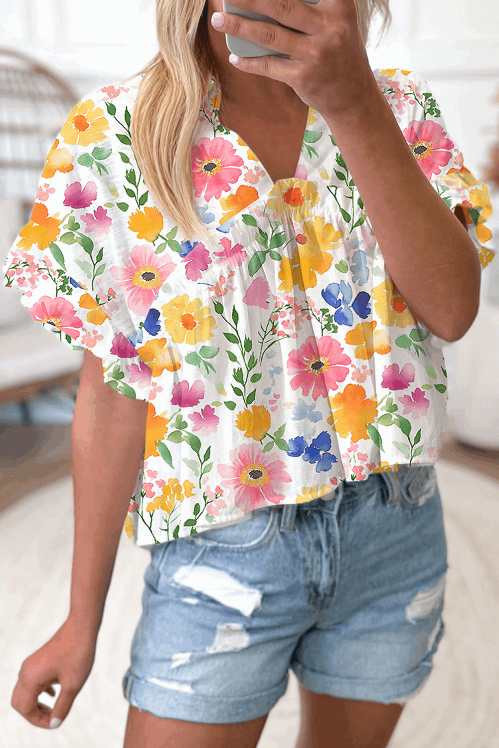 Yellow Allover Floral Print Boxy Fit V Neck Blouse Yellow 36488d2a002f51b8-_1