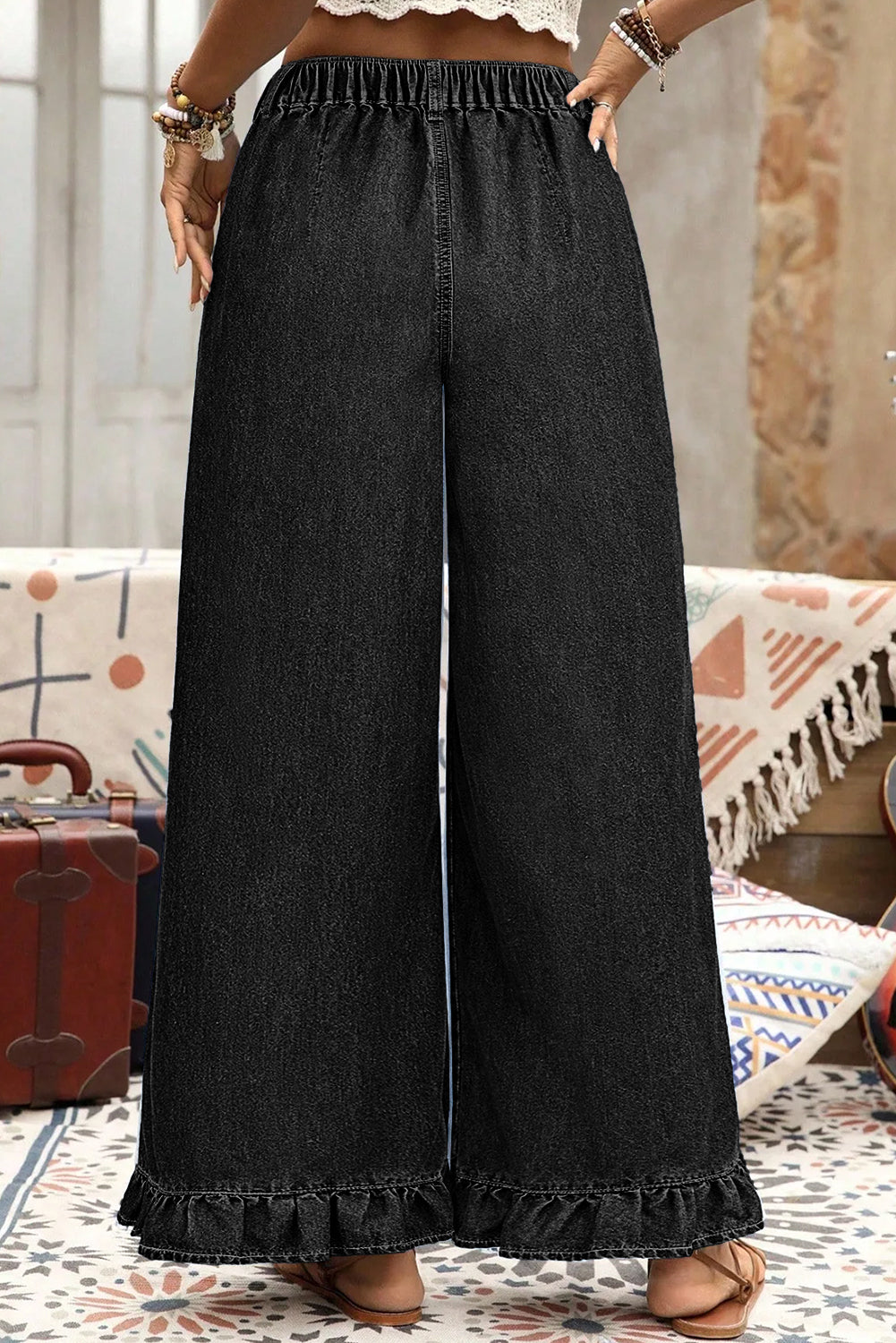 Black Plus Size Elastic Waist Ruffled Wide Leg Denim Pants 364b8acf867985a2