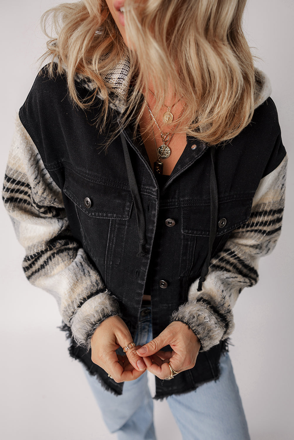 Black Patchwork Plaid Sleeve Frayed Hem Hooded Denim Jacket 364d1cf8331226d4