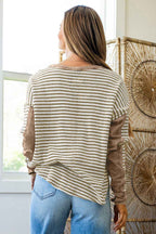Khaki Stripe Patchwork Knit Drop Shoulder Top 364ebd2bad00cd51