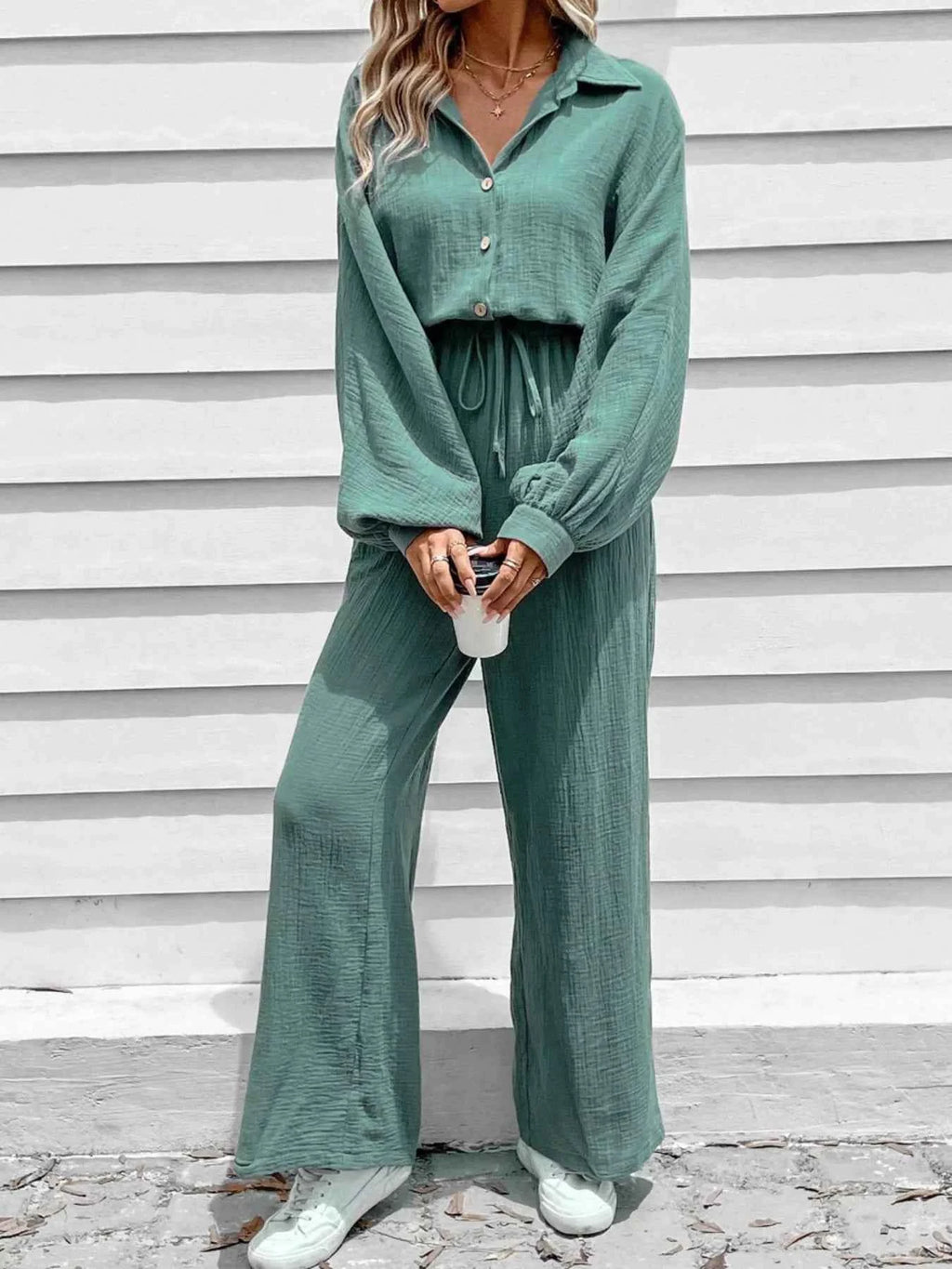 Button Front Wide Leg Jumpsuit Green 364f14876c1e4b549c53ca3757104b15-Max-Origin