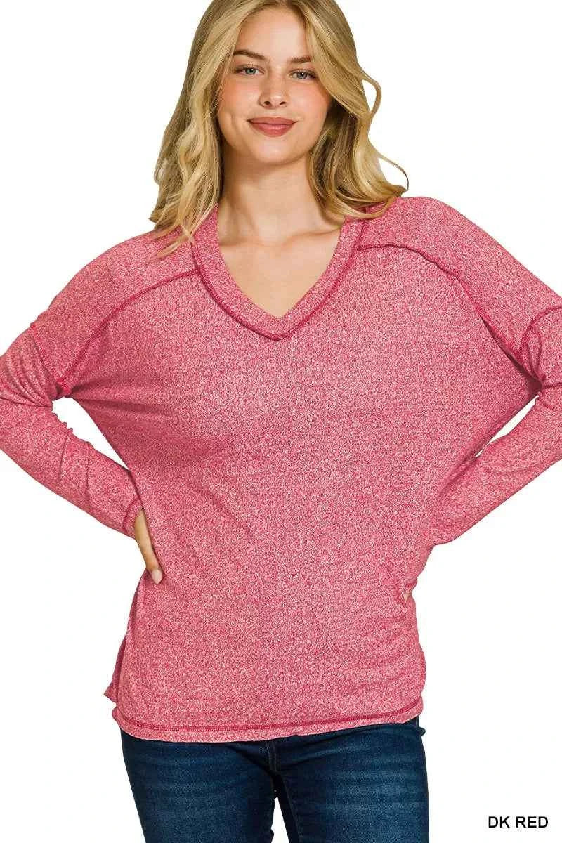 Zenana Soft Melange Hacci Exposed Seam Hi-low Tee DK RED 36514a69920f43fd82e05f5b0783402c-Max-Origin