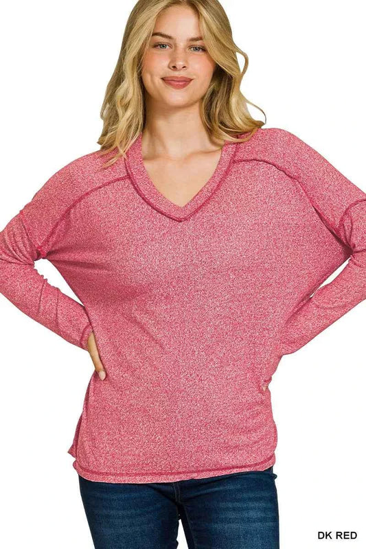 Zenana Soft Melange Hacci Exposed Seam Hi-low Tee DK RED 36514a69920f43fd82e05f5b0783402c-Max-Origin
